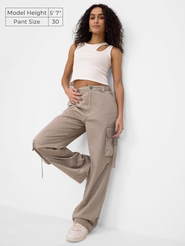 The Souled Store Cotton Pants: Taupe Women and Girls Buttoned Cotton Straight Fit Cargo Pants
