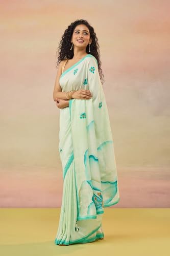 Taneira Women Light Blue Silk Bengal Hand Paint Embroidery Saree with Unstitched Blouse (SAIH06AD4380 - Light Blue)