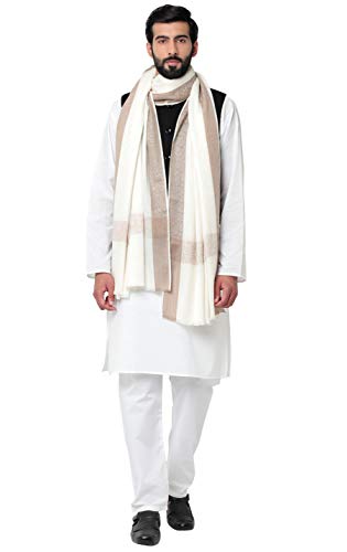 Weavers Villa Men's Woven Border Pure Wool White Lohi/Woollen Shawl, 125cm x 250cm