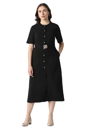 Women Black Solid Calf-Length Party Dress