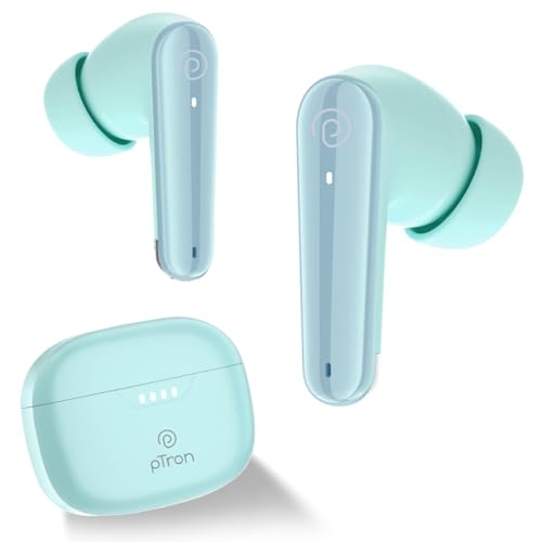pTron Basspods Tour TWS Earbuds with 3D AudioScape, 45Hrs Playtime, TruTalk AI-ENC Calls, 50ms Low Latency Sync, BT v5.3, Type-C Fast Charging, Voice Asst. & IPX5 Water Resistant (Mint Julep)