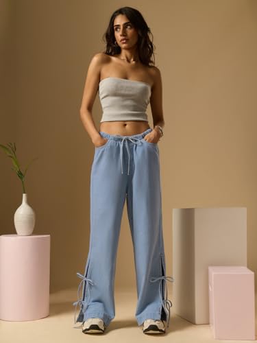 The Souled Store Pull-On Denim: Rosette Women and Girls Drawstring Waist Light Blue Washed Cotton Denim Wide Fit Breathable Side Slits Lightweight Comfortable All-Season Everyday Denim Jeans