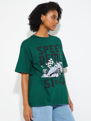 Max URB_N Women Printed Oversized T-Shirt (Green_L)