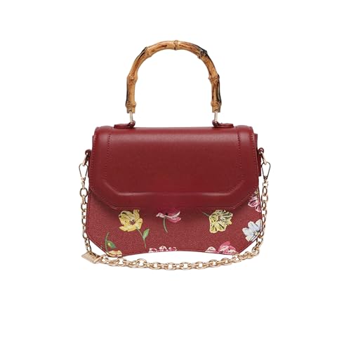 MAROON Women's Floral Satchel Handbag with Bamboo Style Handle & Gold Chain Strap