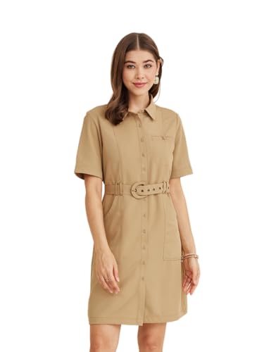 Latin Quarters Women's Beige Collar Neck Half Sleeves Solid Casual Shirt Dress_S