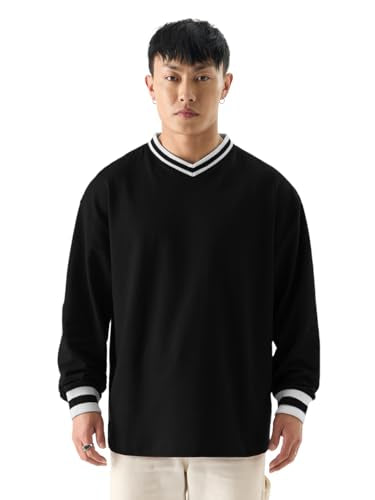 The Souled Store Solids: Black Men and Boys V-Neck Full Sleeve Oversized Fit T-Shirts Oversized Men's T-Shirts Solid Basic Tees Casual Fashion Relaxed Fit Full Sleeves Round Neck Block Styles Trendy