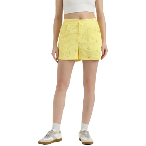 United Colors of Benetton Schiffli Embroidered Straight Fit Shorts (Size : 24) - 26P4WVNSH183I1G3 Yellow