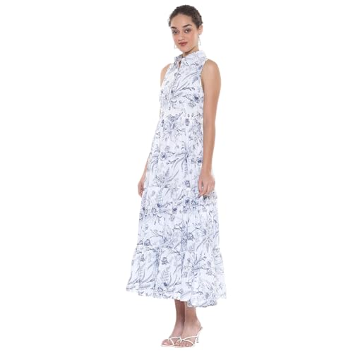 BIBA Women's Cotton Maxi Dress (BLPOT3026SS25OWHTBLU_Off-White-Blue