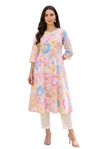 W for Woman Pink Bold Floral Printed Pure Cotton A-line Kurta with Straight Pants Set - (WS14520K-128159-XXL)