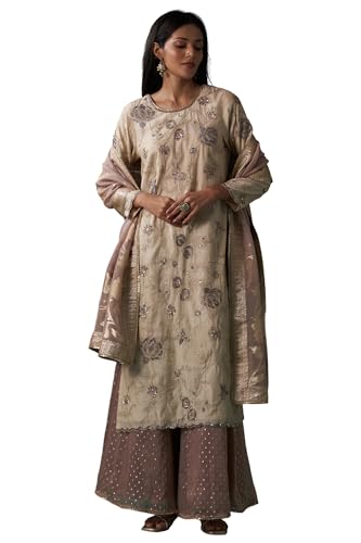 Wishful Women's Light Gold Heavy Embroidered Straight Tissue Chanderi Kurta with Culottes and Dupatta Set (SP12467-400321-L)
