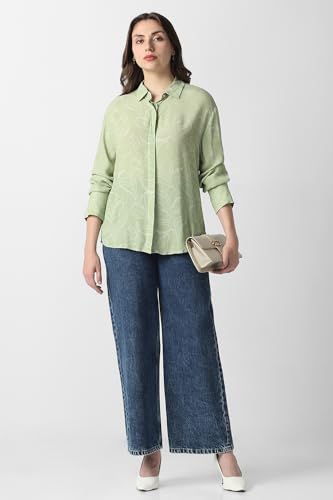 Women Green Print Long Sleeves Formal Shirt