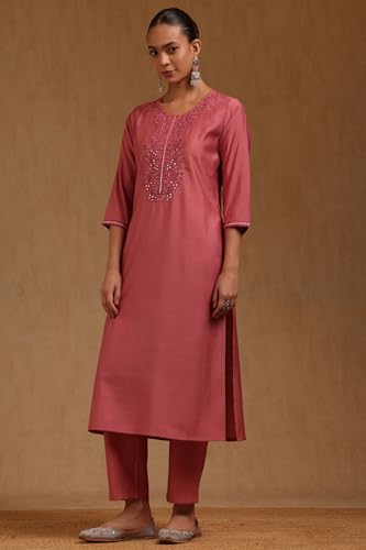 Soch Womens Onion Pink Muslin Floral Embroidered Kurta Set With Faux Mirror