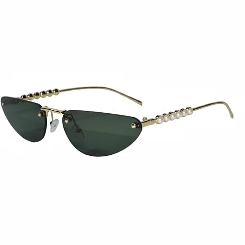 Luxury Rimless Cat Eye Sunglasses for Women | Stylish UV Protected Fashion Sunglasses | Lightweight Designer Shades for Driving, Travel, Beach & Outdoor Wear (Green-gold)