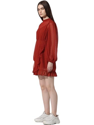 ONLY Women's Polyester Fit and Flare Above The Knee Dress (15338175-Red Ochre_Red