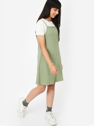 Max Girl's Pure Cotton A-Line Midi Dress (S25EDR11_Olive Green