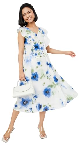 Max Women Floral Print A-line Midi Dress(White_M)