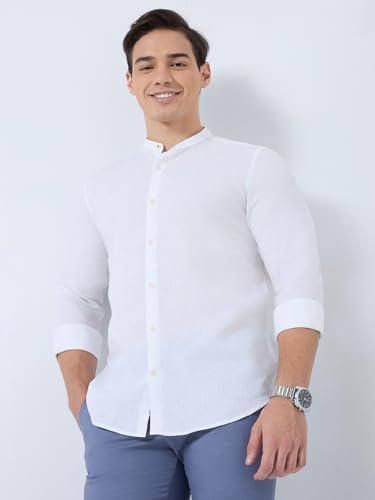 Raymond Men Regular Fit Chambray Pattern Cotton Linen Blend Mandarin Collar Full Sleeve Casual Shirt (Size: 39)-RCSM01923-W0