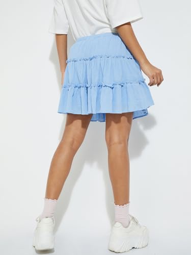 Max Alaya F x URB_N Women Solid Tiered Skirt (Blue_M)