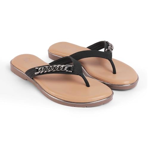 tresmode FLACHAIN Women's Flats Sandals Black, 4 UK / 37 EU - Round Toe Ladies Dress Platform Footwear Soft Comfortable