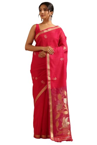 Soch Womens Fuchsia Organza Zari Woven Botanical Tassels Saree