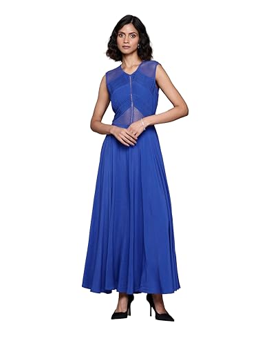 Label RITU KUMAR Round Neck Sleevelesss Solid Long Dress Royal Blue