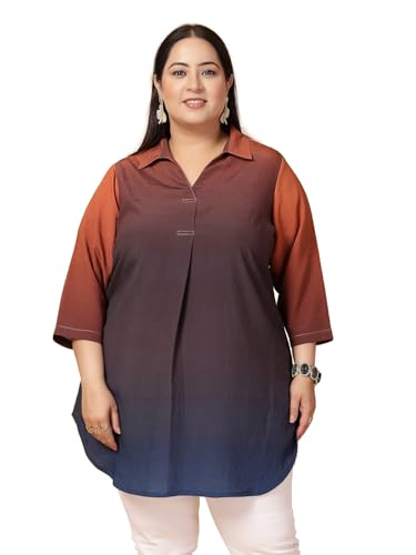 Women Plus Size Ombre Pleated Shirt Collar Regular Top (FSTP23491-BROWNOMBRE-6XL)