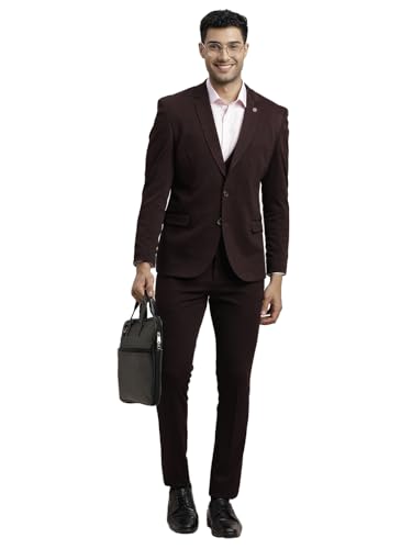 Turtle Men 100% Cotton Dobby Print Full Sleeve Three Piece Brown Formal Suit