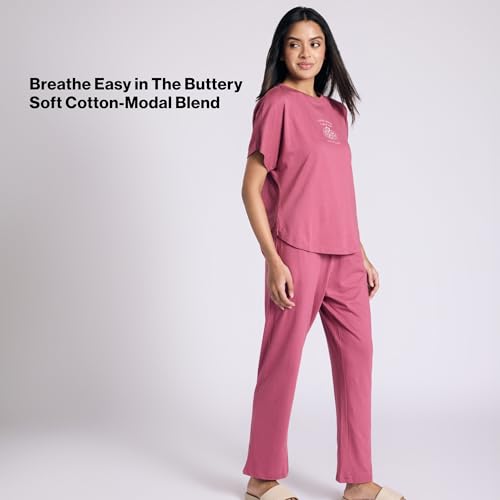 NYKD by Nykaa Buttery Soft Modal Cotton Pyjama Coord Set of 2 with Round Neck Graphic Tee Nys932