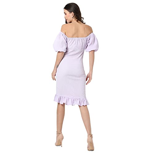 Campus Sutra Women's Lilac Puff-Sleeved Creased Dress for Casual Wear | Off-Shoulder | Short Sleeve | Pull On Closure | Dress Crafted with Comfort Fit for Everyday Wear