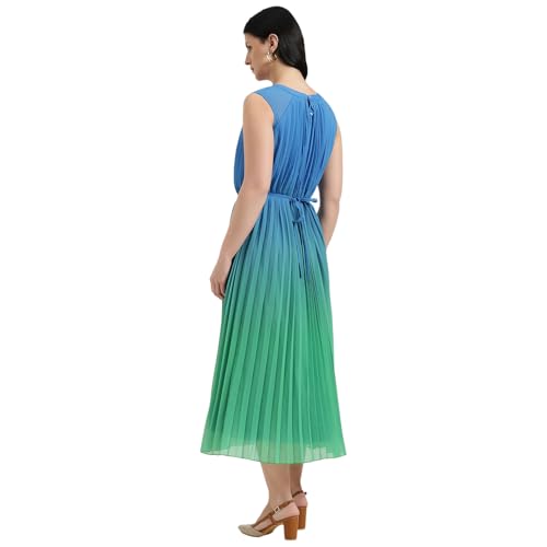 United Colors of Benetton Regular Fit Round Neck Ombre Pleated Dress (Size : M) - 26P4WVNDR328I902 Blue