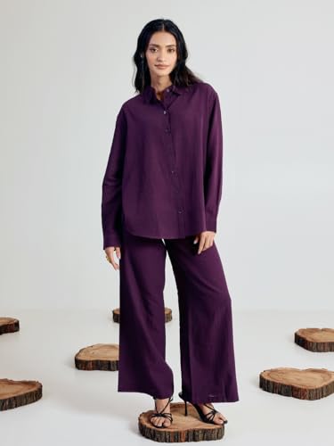 FIORRA Women’s Wine Linen-Blend Loose Relaxed Fit Co-Ord Set SET0215