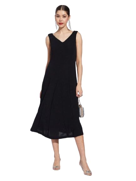 Latin Quarters Women Black Solid A-Line Midi Dress with V-Neck and Sleeveless Design Ideal