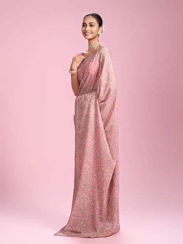 MOHEY Women's Organza Stone Work, Thread Work Saree with Blouse Piece(Pink)