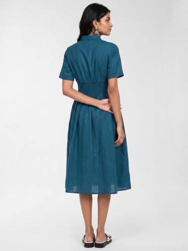 Max Women Solid Smocked Shirt Dress (Teal_XS)