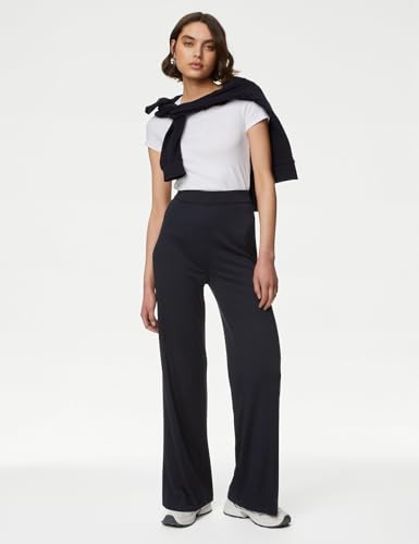 Solid Navy Blue Viscose Womens Wide Leg Jersey Stretch Trousers