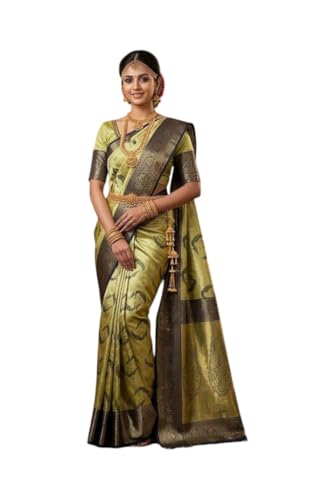 VFCollections Women's Traditional Handloom Kanchipuram Silk Pure Pattu Sarees | Rich Zari Woven Design | Bridal Saree | Unstitched Blouse (VFC717-5)
