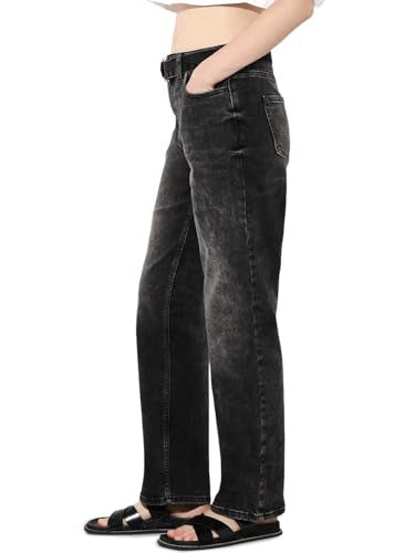 ONLY Women's Solid Straight Fit Mid-Rise Black Jeans with Belt