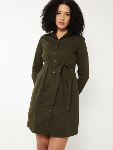 Max Women Solid Shirt Dress(Green_XL)