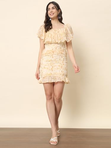 Trend Arrest.ed Women's Off-Shoulder Ruched Mini Dress|Printed Bodycon Dress for Beach, Casual Parties & Summer Outings | Short Sleeve Sheath Fit (2XL) Cream