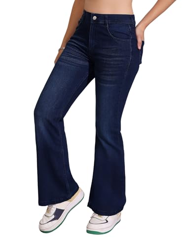 Dolce Crudo Women's High-Rise Regular-Length Stretchable Flared Denim Jeans (DOSS24DEN12-92-358-30, Olympic Blue, 30)