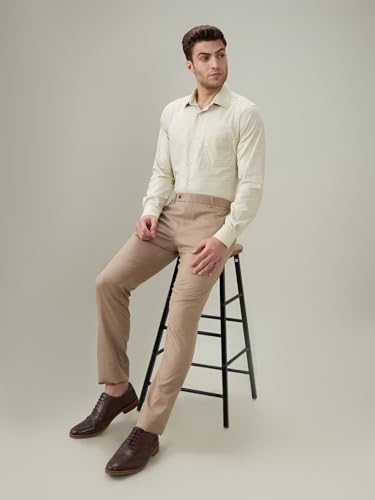 Raymond Men Contemporary Fit Checks Pattern Pure Cotton Semi Cutaway Collar Full Sleeve Formal Shirt Fawn