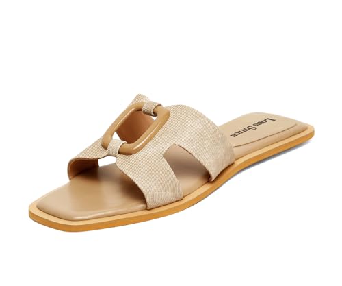 LOUIS STITCH Women’s Fashion Flat Slip On Sandals | Open Toe Beige Stylish Flat Slipper for Ladies, Comfortable All Day Wear Slipper (LSOF-LDSL-SQBBGD) (Size- 8 UK)