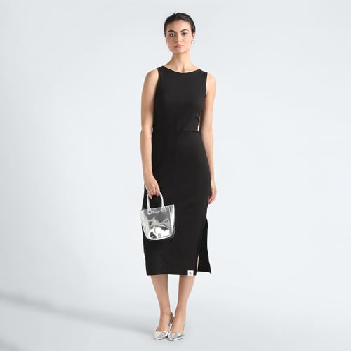 Calvin Klein Cotton Black Solid Round Neck Sleeveless Women Seaming Rib Dress (M)