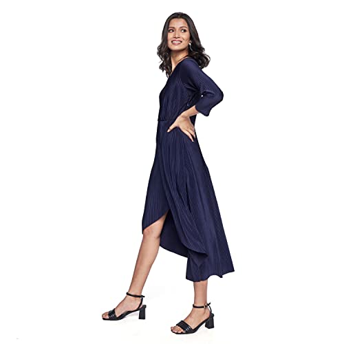 AND Women's Polyester Fit Flare Calf Length Dress (EE22AB041DRL8_Navy_10)