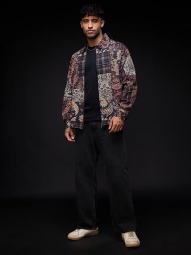 The Souled Store Patch Play Men and Boys Full Sleeves Spread Collar Dark Blue and Beige Patchwork Cotton Oversized Fit Winter-Ready Lightweight Shackets