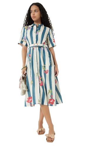 Max Women Printed Belted A-line Shirt Dress(White_M)