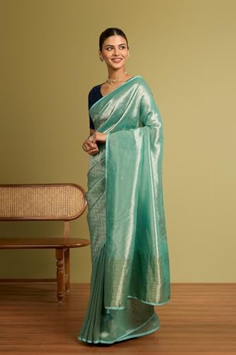 Taneira Women Light Blue Woven Viscose Tissue Saree with Unstitched Blouse Piece (SAPP03AC2548-Light Blue)