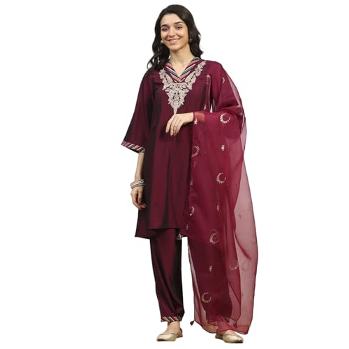 Rangriti Women Wine Polyester Blend Embroidered A-Line Kurta Set_32