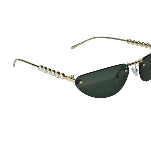 Luxury Rimless Cat Eye Sunglasses for Women | Stylish UV Protected Fashion Sunglasses | Lightweight Designer Shades for Driving, Travel, Beach & Outdoor Wear (Green-gold)