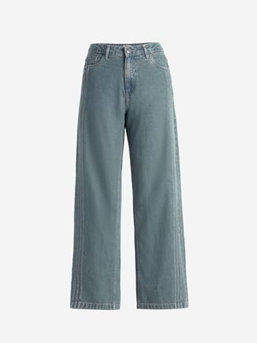 The Souled Store Straight-Fit Denim: Sapphire Women and Girls Buttoned Blue Solid Lightly Washed Straight Fit Cotton Jeans